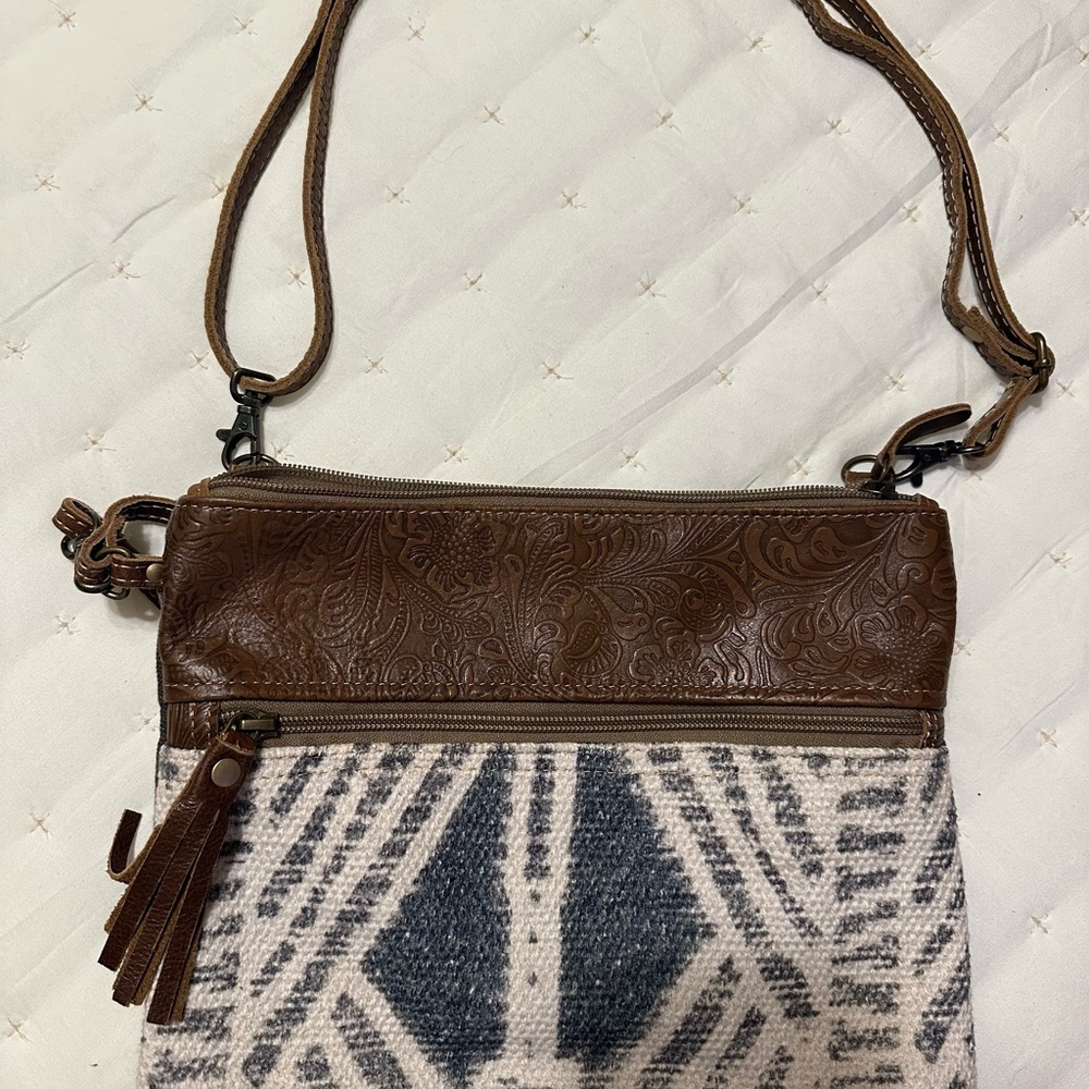 Myra Bag Brown and Blue Crossbody Bag with Geometric Design